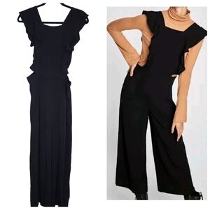 Zara Black Ruffle Wide Leg Jumpsuit Overalls  Cropped Size Small Viscose Pockets